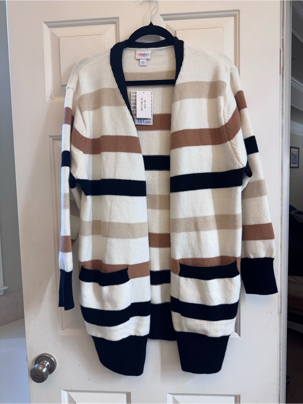 LuLaRoe Peyton Cream, Tan & Black Striped Open-Front Cardigan